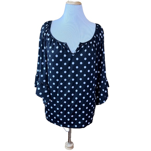 Betsey Johnson Tops - Betsey Johnson Black and White Polka Dot Blouse with Ruffle Sleeve Size XL